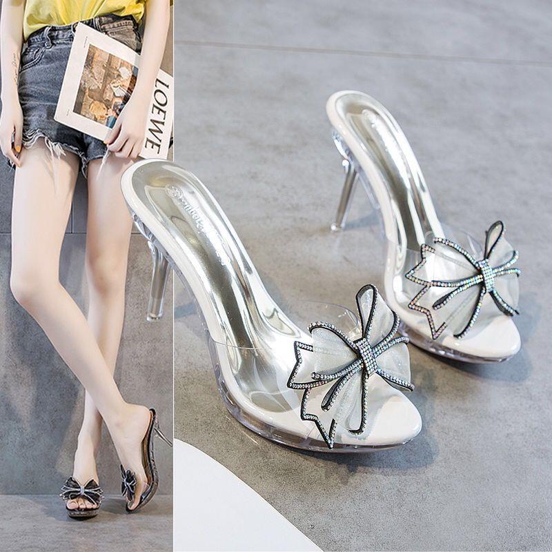 Dép Cao Gót Quai Ngang Trong Suốt Đính Đá Thời Trang Cho Nữ