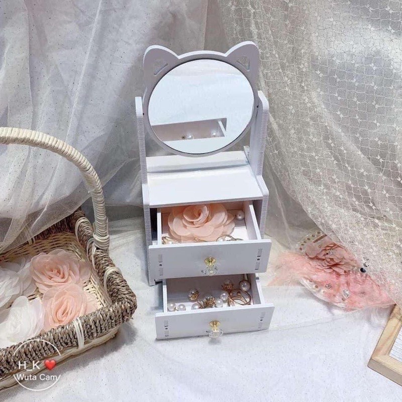 Bàn Trang Điểm Mini Kèm Gương Tai Mèo 2 Tầng Có Ngăn Kéo Siêu Yêu