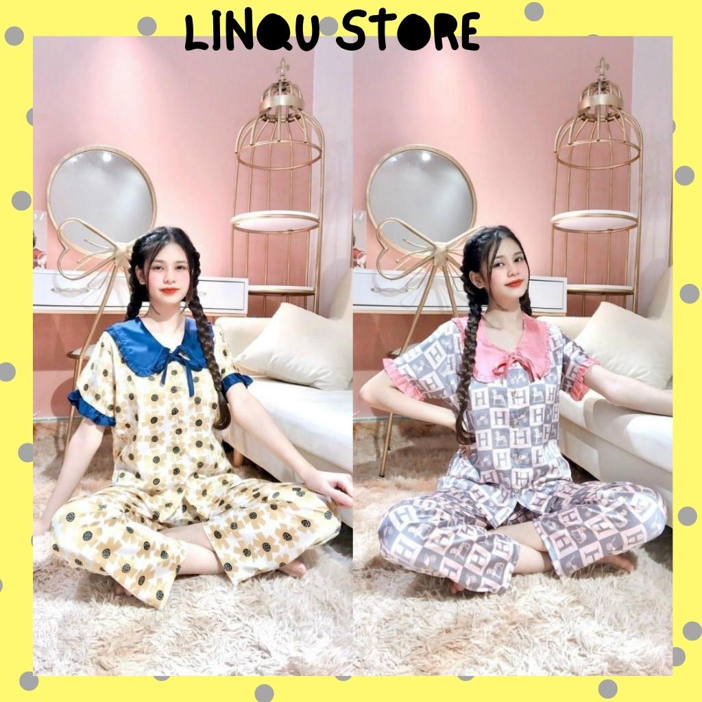 Đồ Ngủ Nữ, Đồ Ngủ Pijama, Bộ Pyjama Cộc Tay Cổ Bèo Chất Satin Siêu Xinh Freesize - Linqu Sleepwear