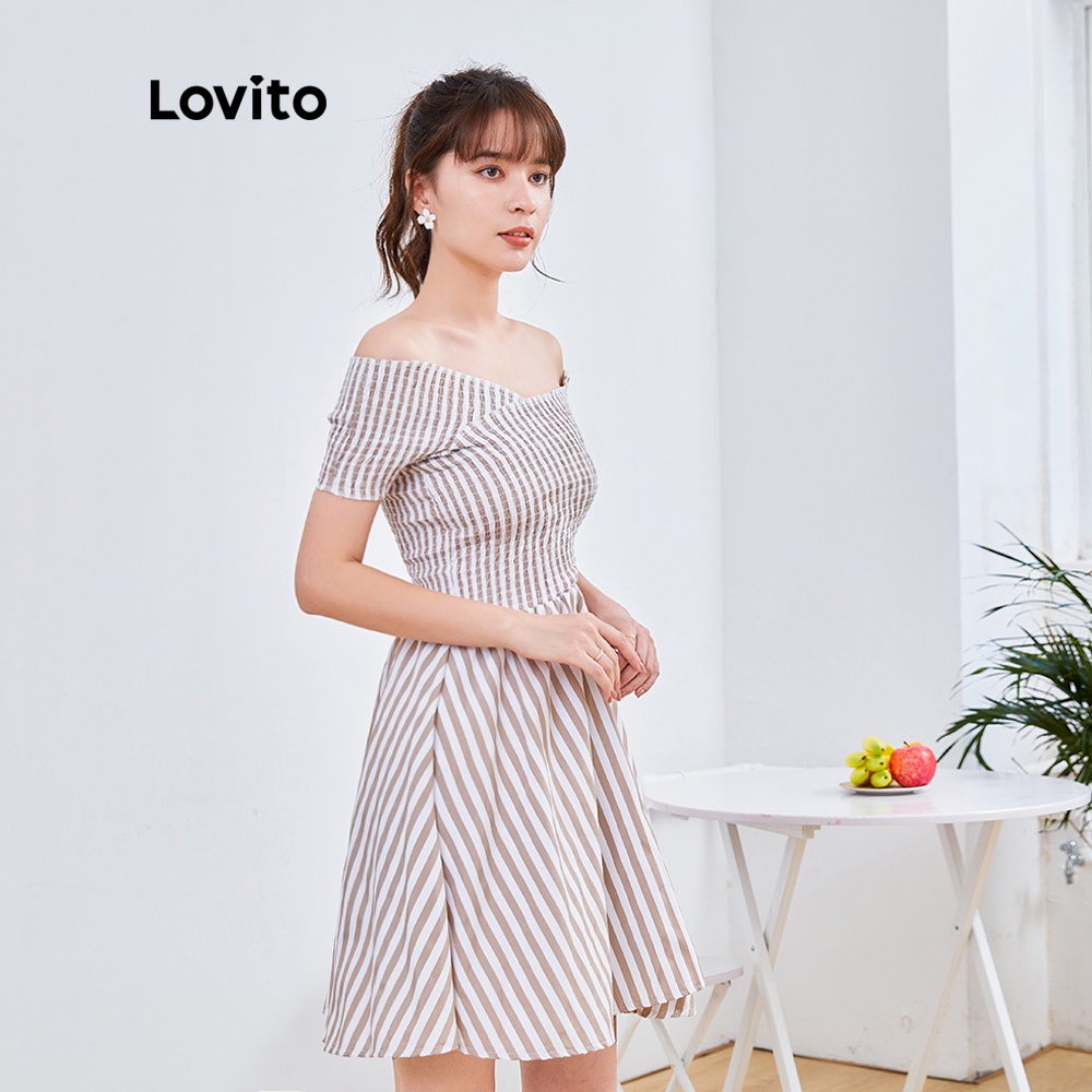 Đầm midi Lovito dáng chữ A dáng mỏng vừa vặn trễ vai DRQLFZP2191（Màu xanh lam/màu be）