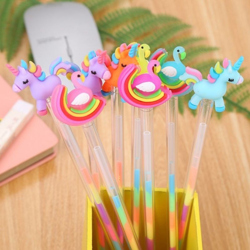 Bút 7 màu cầu vồng kiểu dáng ngựa 1 sừng và thiên nga ngòi bi 0.7mm
