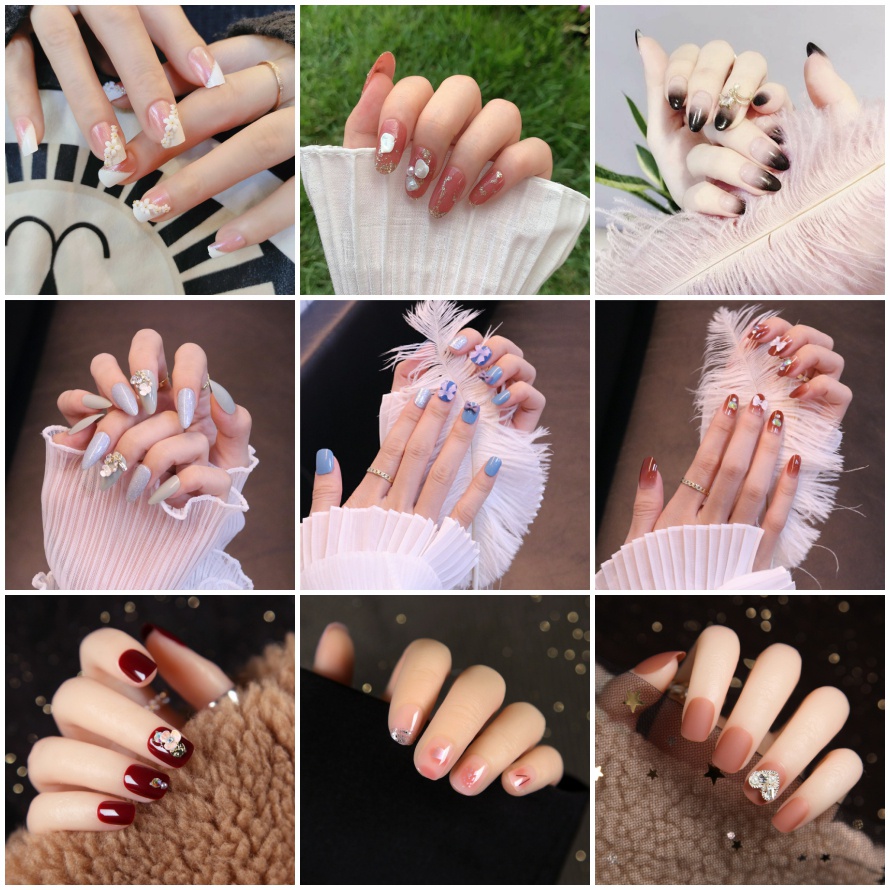 24 Móng giả màu đỏ đính đá ngọc trai giả thời trang kèm keo dán