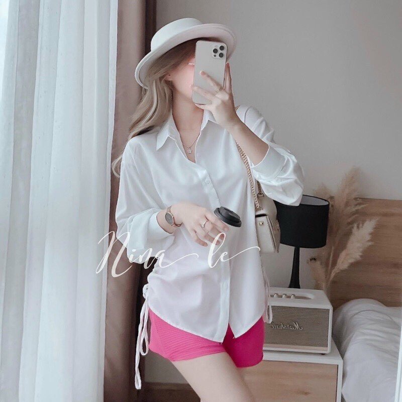 Áo Sơ Mi Dây Rút Hai Bên Trơn Tay Dài