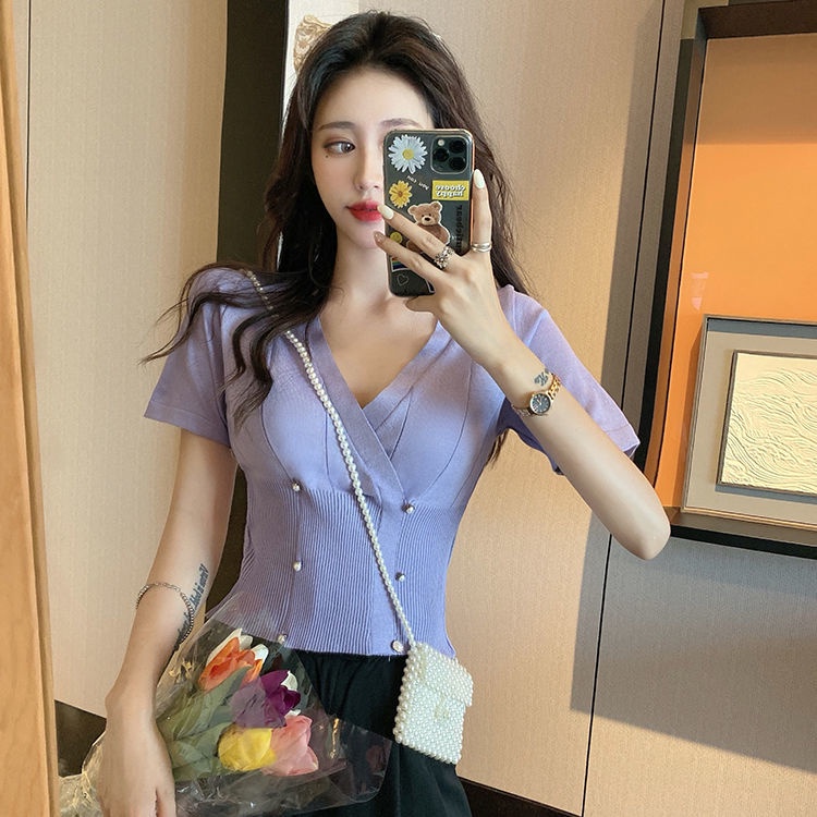 Áo Thun Croptop Dệt Kim Tay Ngắn Cổ Chữ V Dáng Ôm Thời Trang Mùa Hè 2020 Mới Mẻ Gợi Cảm Dành Cho Bạn Nữ