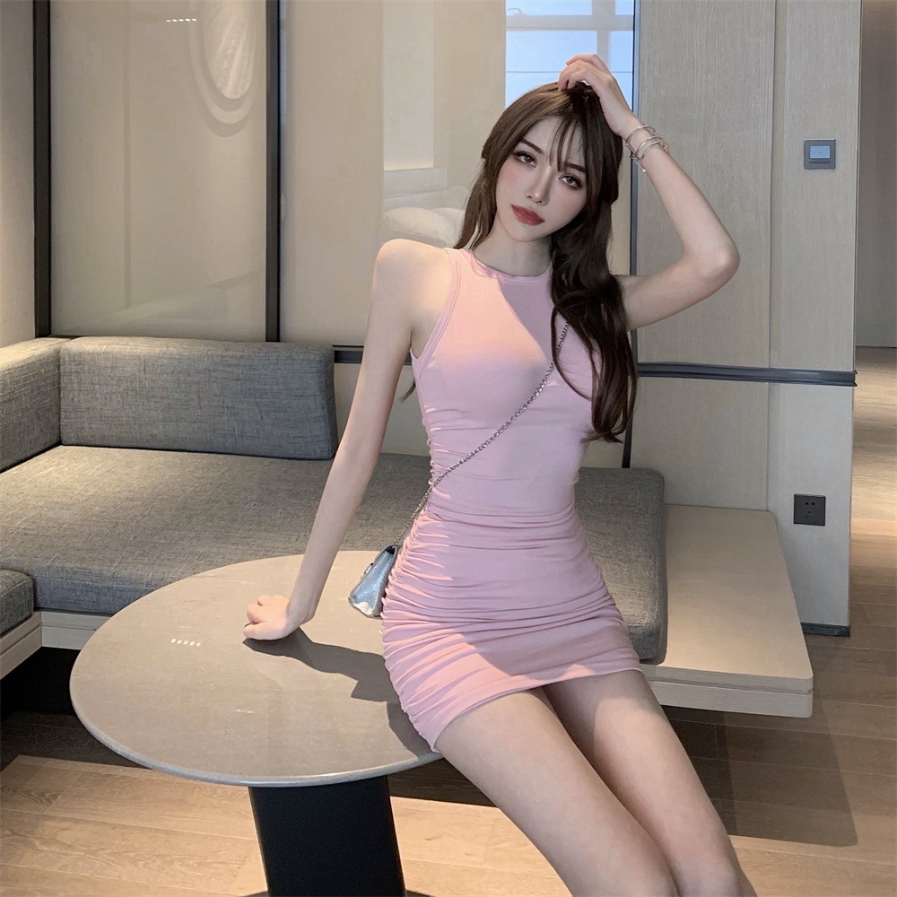 Đầm mini ZHELIHANGFEI sát nách cổ tròn xẻ tà dáng ôm thời trang gợi cảm