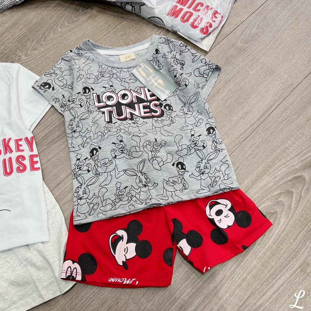 Đồ bộ bé trai combo 2 bộ chuột Mickey Mouse in chìm chất cototn 4 chiều mềm mịn