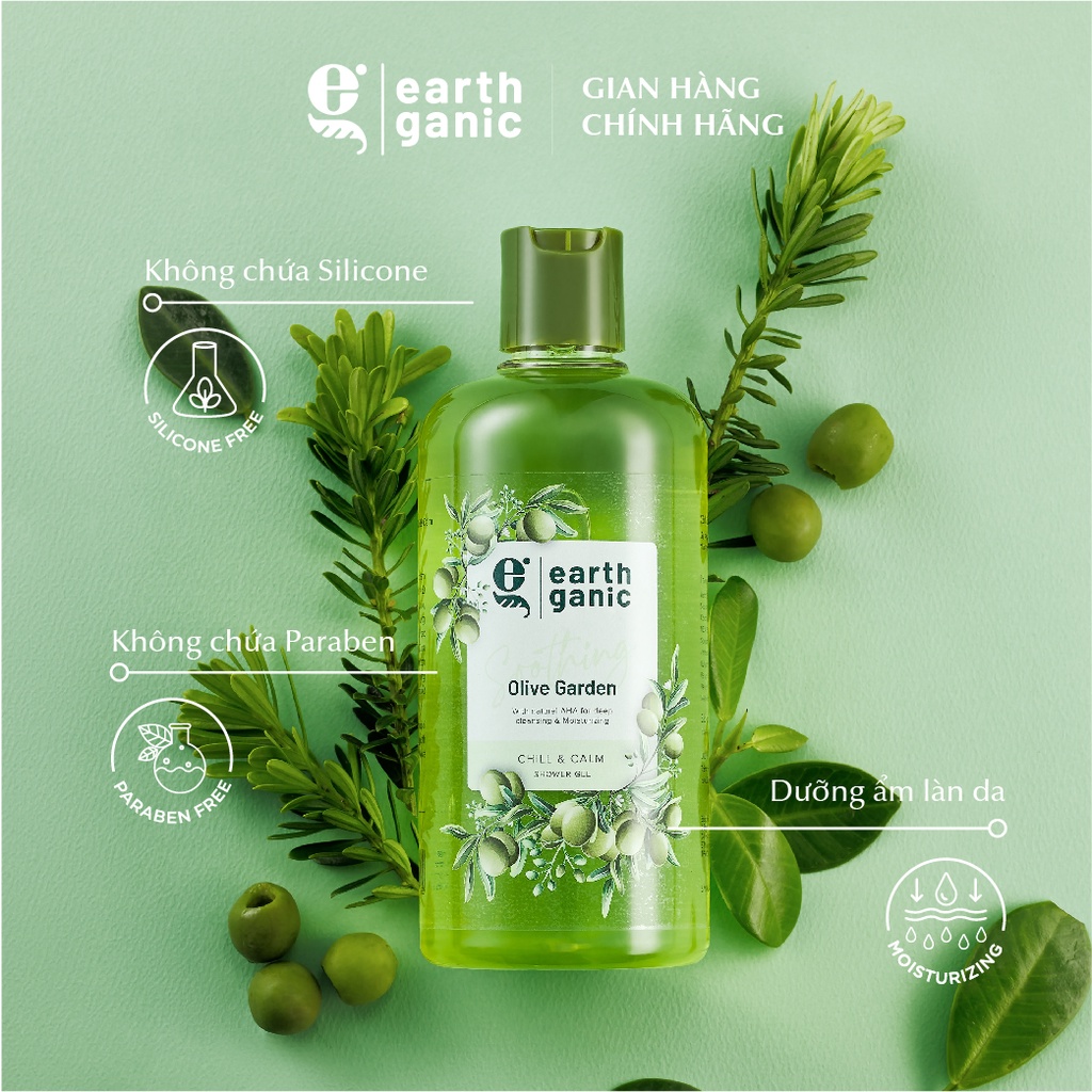 Sữa tắm dưỡng ẩm trắng da Earthganic Hương Olive AHA trắng da thơm lâu, thành phần thiên nhiên