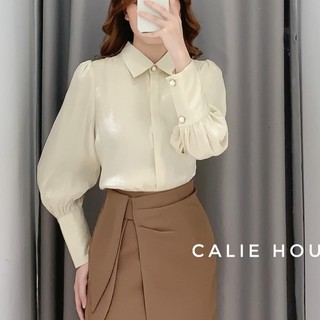 Áo sơ mi lụa kiểu công sở nữ tay bồng cổ và tay cúc ngọc to đẹp