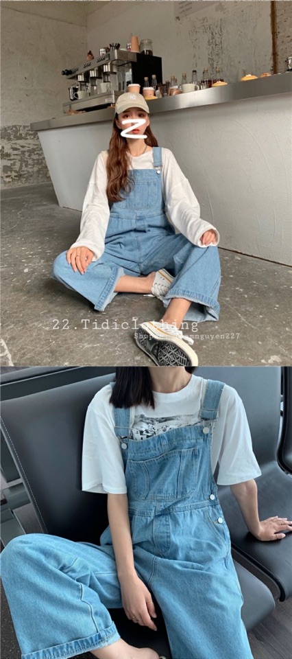 Quần yếm jeans ulzzang ống rộng có bigsize móc gài hai dây