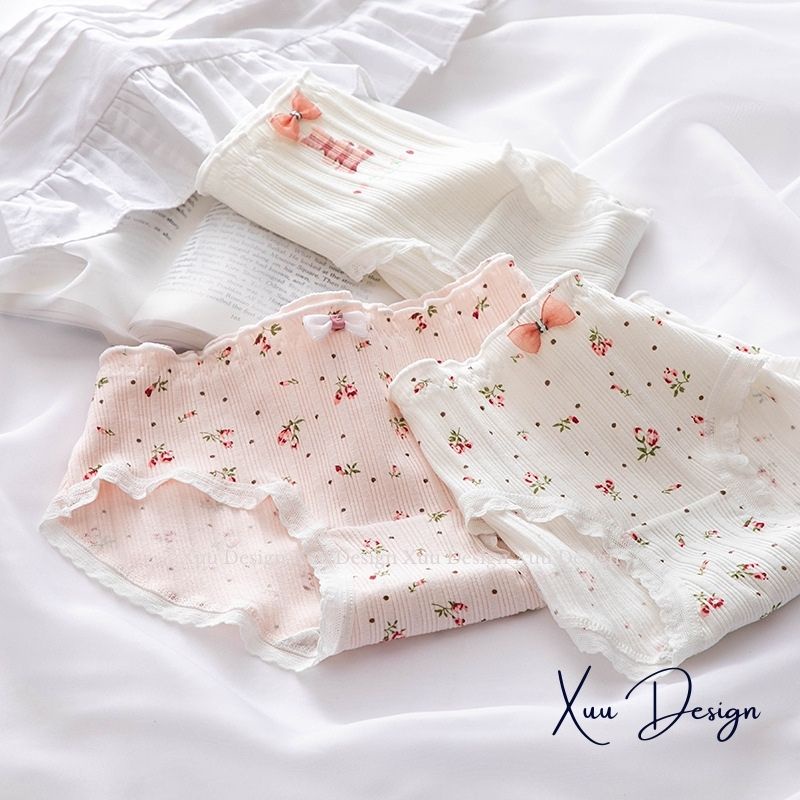 Quần lót Cotton họa tiết hoa nhí dễ thương, chất liệu kẻ gân tăm siêu co dãn thoáng khí - Wexuu Design QC95