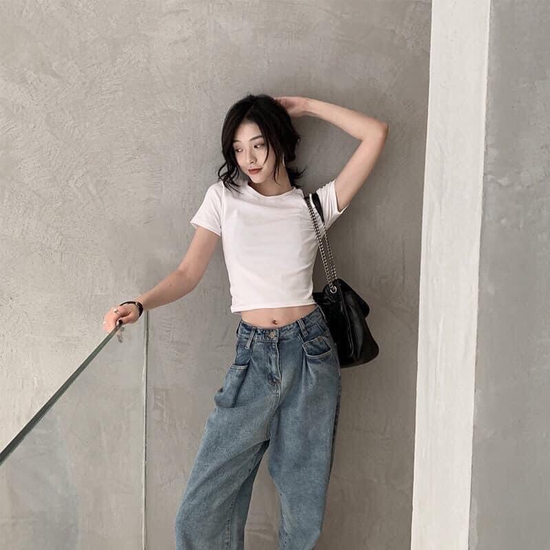 Áo Croptop Basic Trơn Cổ Tròn 2 Màu Đen Trắng