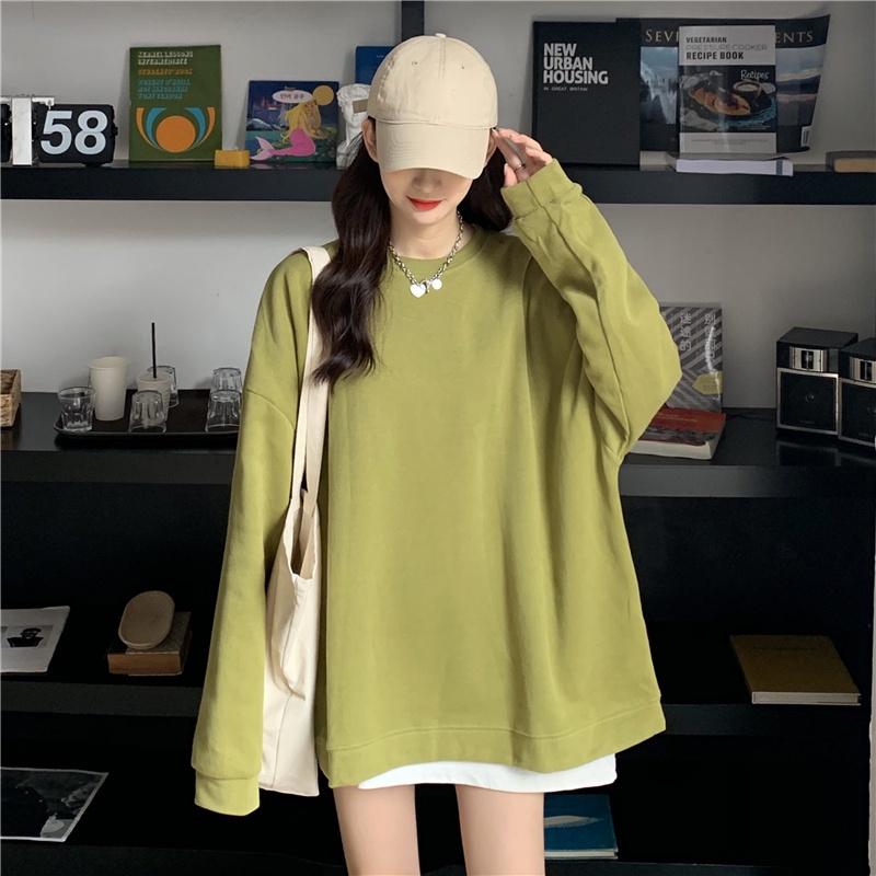 Áo sweater dáng rộng tay dài cổ tròn màu sắc đơn giản thời trang phong cách Hàn Quốc