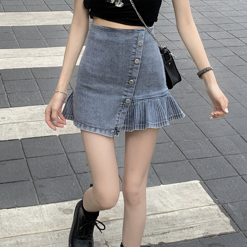 Chân Váy Denim Lưng Cao Xếp Ly Phối Nút Xinh Xắn Dành Cho Nữ | BigBuy360 - bigbuy360.vn