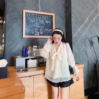 Áo sơ mi bi nổi cổ nơ tay bồng tiểu thư
