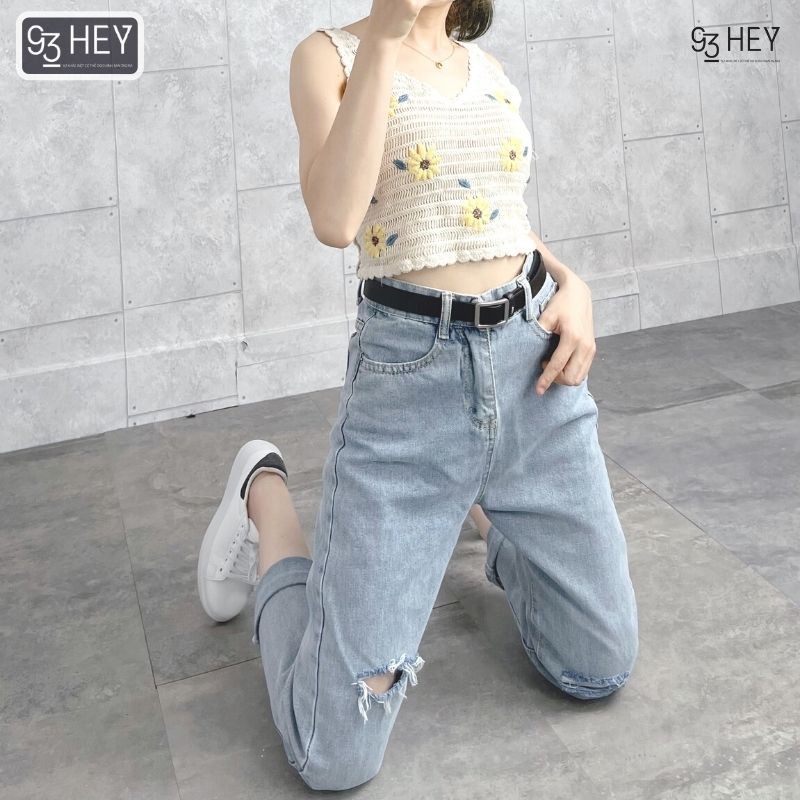 Quần Jean Nữ Rách Gối Cạp Cao Dáng Baggy Màu Xanh Phong Cách Hàn Quốc 93HEY QJ02