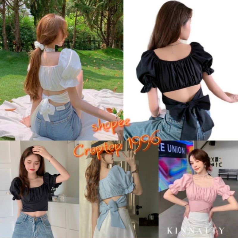 Áo Croptop thắt nơ sau lưng - áo kiểu croptop cổ U tay phồng . mã A32