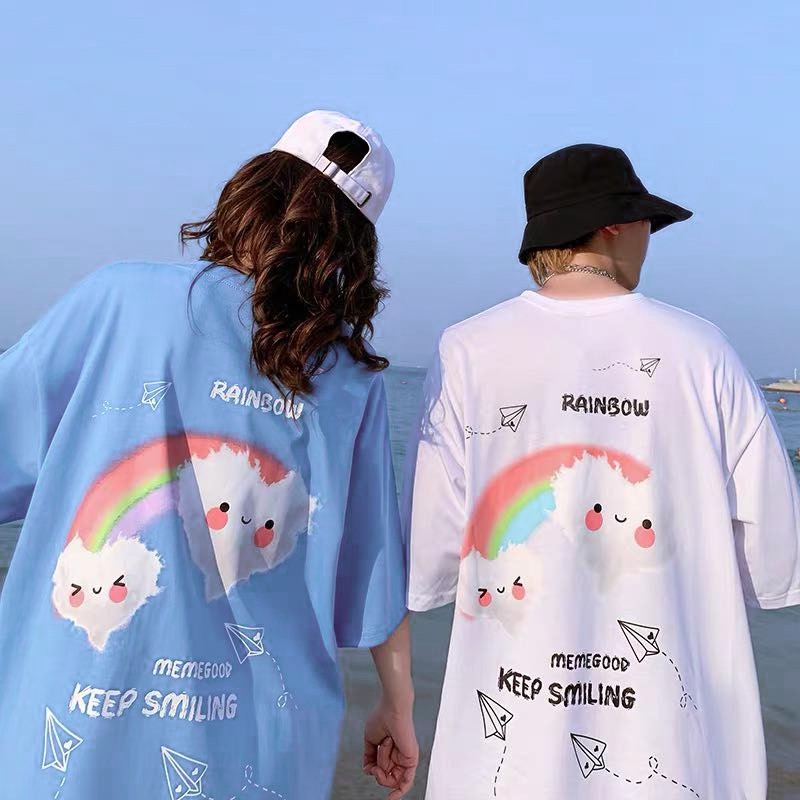 Áo thun tay lỡ nữ SAM CLO freesize phông form rộng dáng Unisex, mặc lớp, nhóm, cặp in hình MÂY CẦU VỒNG KEEP SMILING