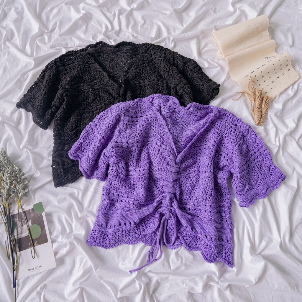 LEEVA - Áo croptop len dây rút ngắn tay mùa hè nhẹ nhàng A234