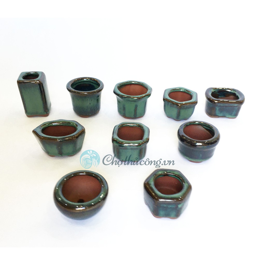 Set 10 mẫu Chậu gốm sứ Bát Tràng MINI có lỗ [Size M3-5xC3.5-5cm] chậu trồng bonsai, sen đá mini men hỏa biến