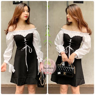 [Ảnh thật] Đầm trễ vai đen phối tay trắng đan dây ulzzang