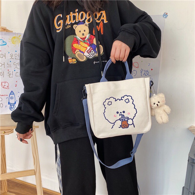 Túi tote đeo chéo vải canvas in hình gấu thỏ đáng yêu phong cách Hàn Quốc