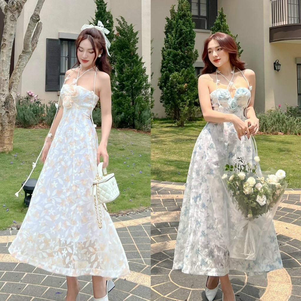 Đầm dài cổ yếm xòe dây hoa 04271 - Đầm nữ thời trang
