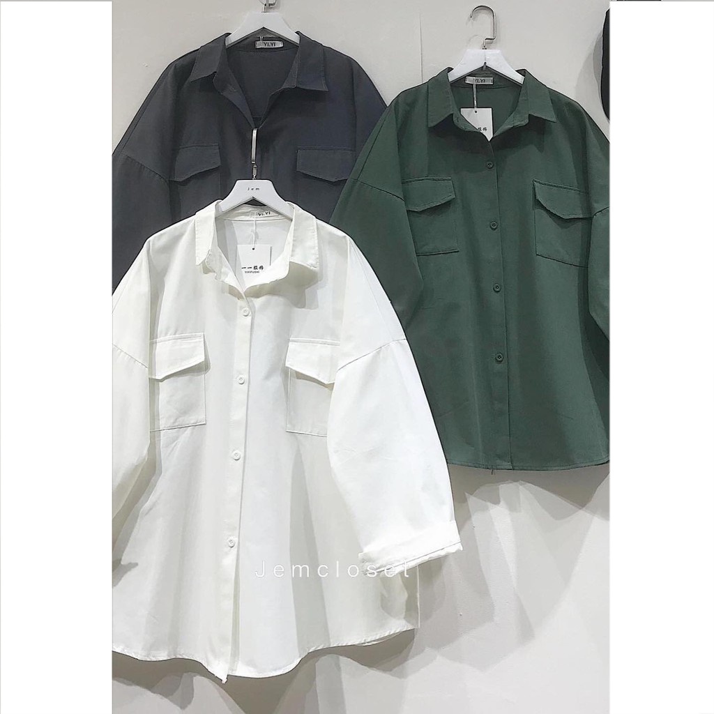 Áo Sơ Mi Kaki Nữ Sơ Mi Tay Dài Form Rộng Basic Phối Túi Nắp YIYI Phong Cách Ulzzang Màu Đen Trắng Xám Xanh 1758