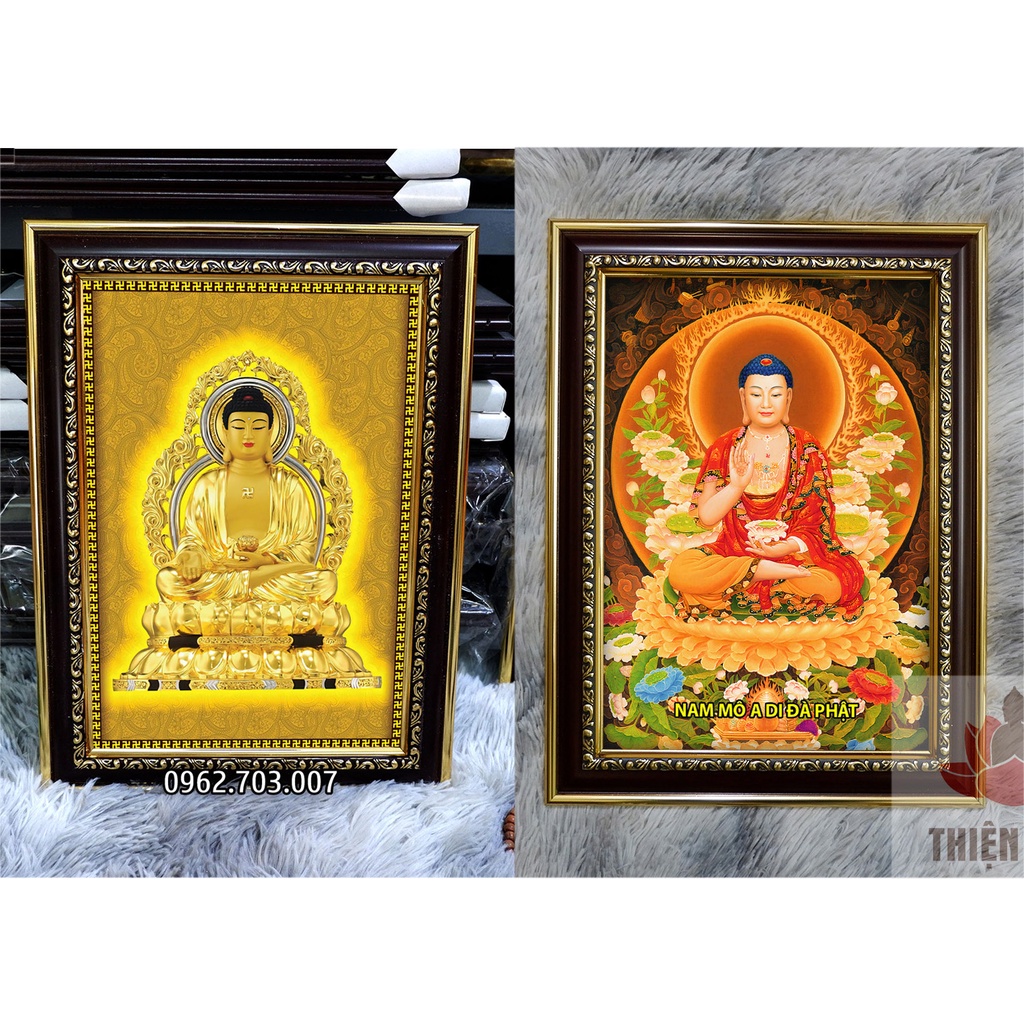 Tranh Phật A Di Đà size nhỏ 27x36cm bằng vải phủ bóng khung composite xịn xò