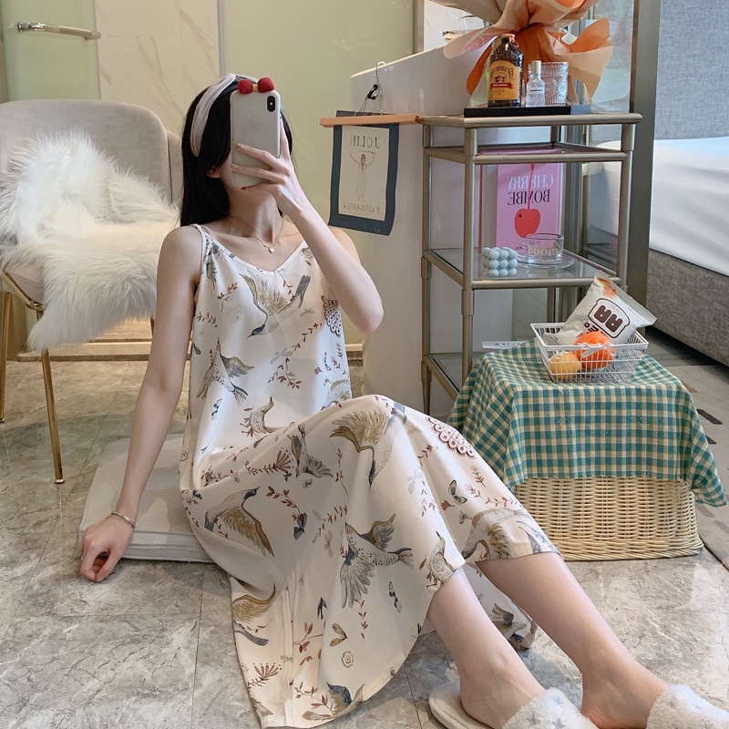 Váy ngủ hai dây nữ cổ V freesize, đầm bầu đẹp chất lanh lụa cotton nhẹ mềm mát