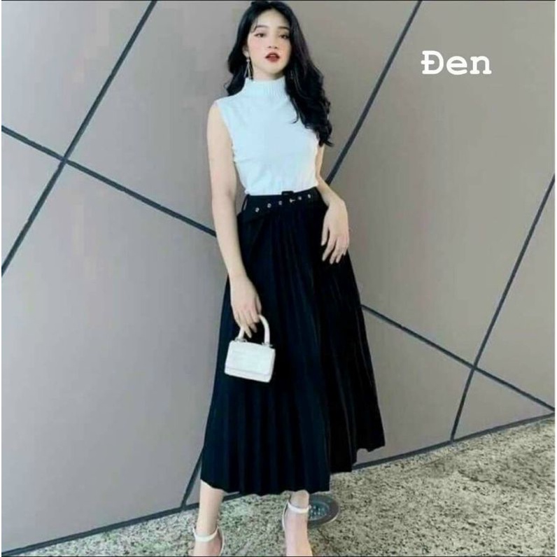 Chân váy xếp ly dài midi kèm đai thắt đủ màu hàng quảng châu
