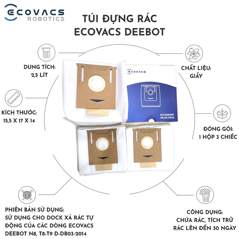 Túi đựng rác Robot hút bụi Ecovacs Deebot N8 Plus, N8 Pro Plus, T8 AIVI Plus, T9 Plus, T9 AIVI Plus - Hàng chính hãng