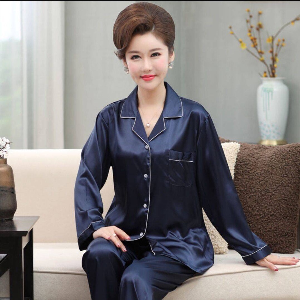 Bộ Đồ Ngủ Tay Dài Vải Lụa Lạnh Cỡ Lớn Thời Trang Xuân Thu Cho Phụ Nữ Trung Niên