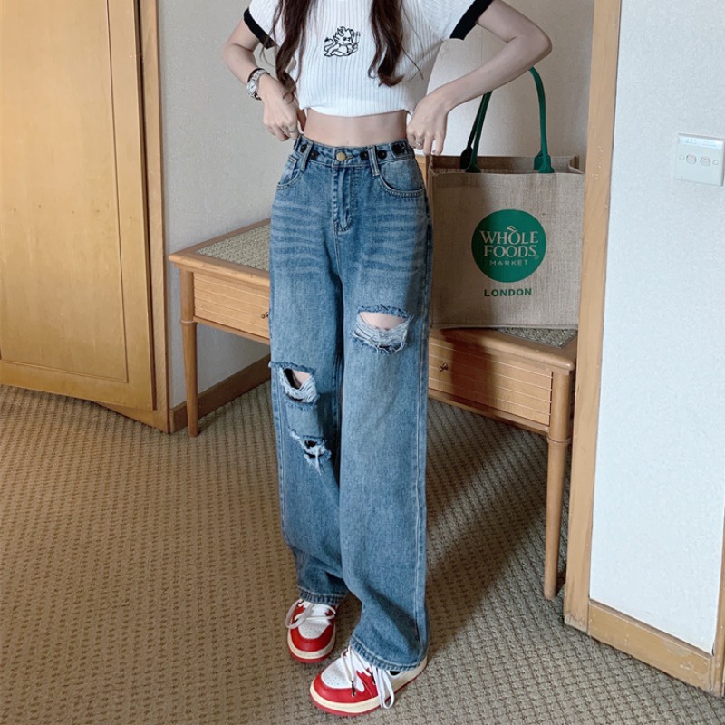 Quần Jeans Nữ Lưng Cao Ống Rộng Thời Trang Hàn Quốc Cá Tính