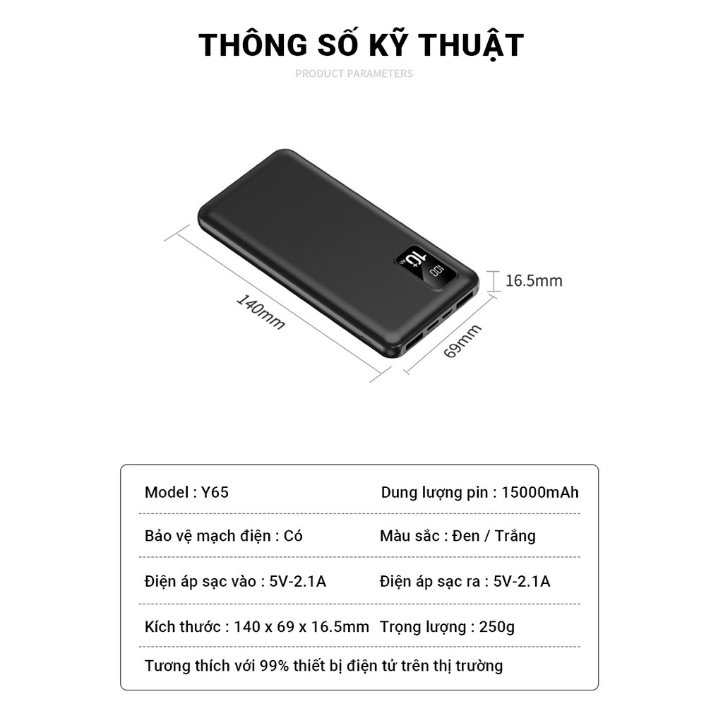 Pin sạc dự phòng Cát Thái Y65 dung lượng 15000mAh hỗ trợ sạc nhanh tốc độ 2.1A 2 cổng ra USB 2 cổng sạc vào Micro/Type-C