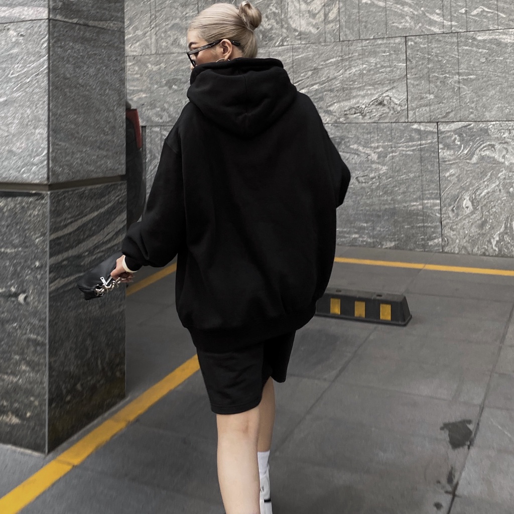 Áo Khoác Hoodie Nỉ Bông Đen Unisex Đơn Giản Thêu Logo