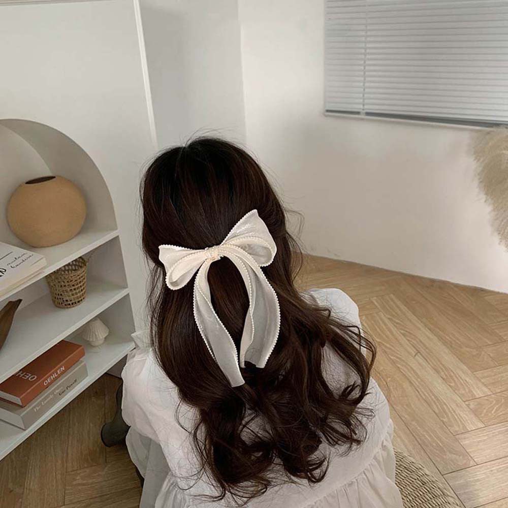 Kẹp Tóc Hình Nơ Bằng Vải Lụa Đính Hạt Ngọc Trai Thời Trang Hàn Quốc Cho Nữ