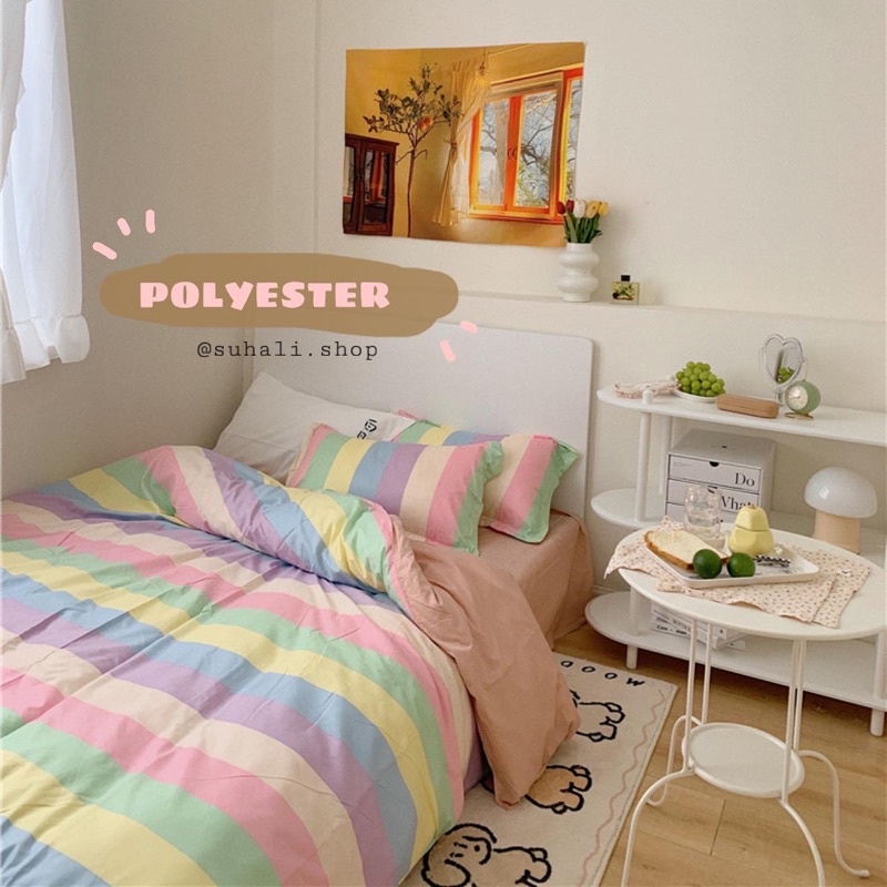 Bộ chăn ga giường cotton poly cầu vồng Suhali Shop, vỏ chăn mền, drap nệm và 2 vỏ gối