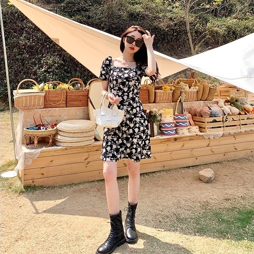 【ZHELIHANGFEI】 / Đầm Hoa Trễ Vai Tay Phồng Dáng Ngắn Form Ôm Thời Trang Cho Nữ