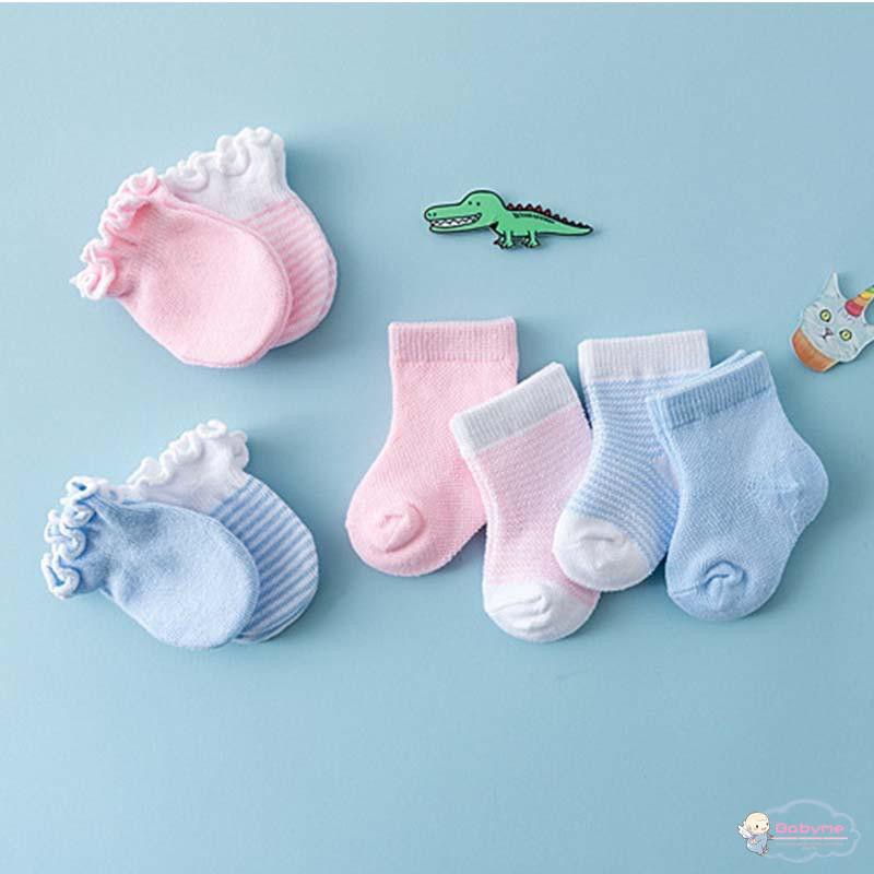 Bộ găng tay + vớ cotton mềm mại màu trơn chống trầy cho bé