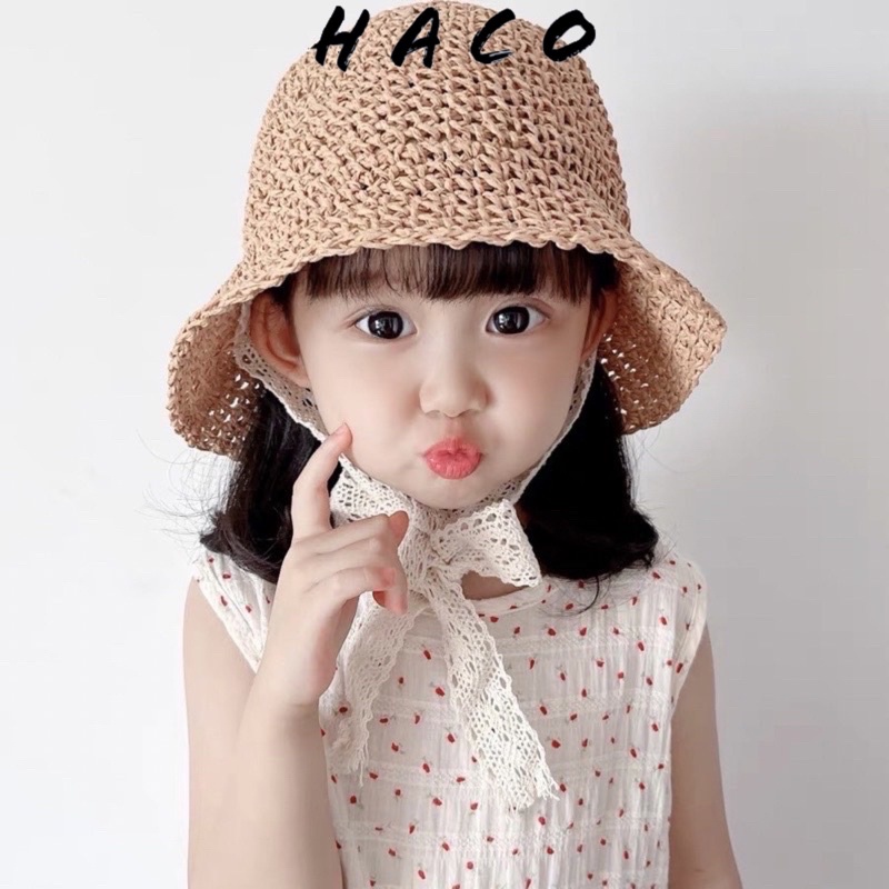Nón Mũ Cói Kèm Dây Cột Nơ Ren Cho Bé Dễ Thương