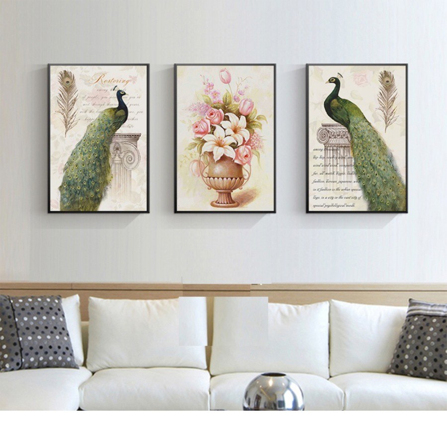 Tranh treo tường canvas đôi chim công hoàng kim decor trang trí phòng khách, phòng ngủ có khung cao cấp tặng đinh 3 chân