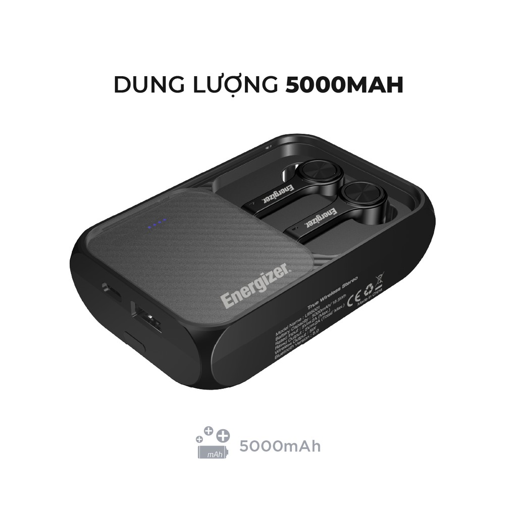 [Mã SKAMCLU9 giảm 10% đơn 100K] Tai nghe True Wireless Stereo Energizer UB5001 kiêm sạc dự phòng 5000mAh, bluetooth V5.