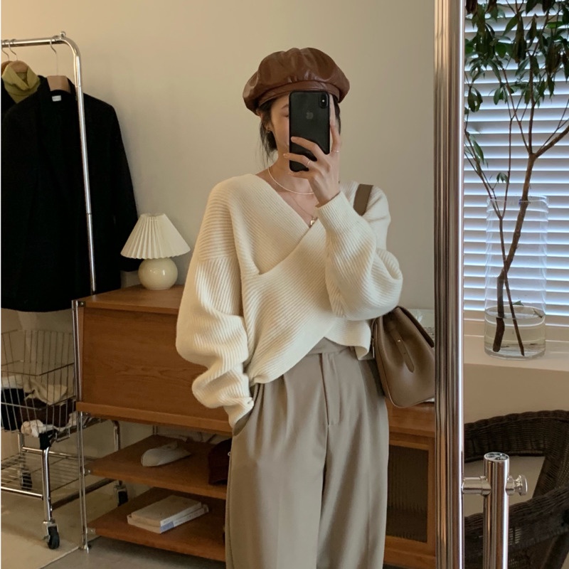 Áo len tay dài cổ chữ V thời trang dành cho nữ