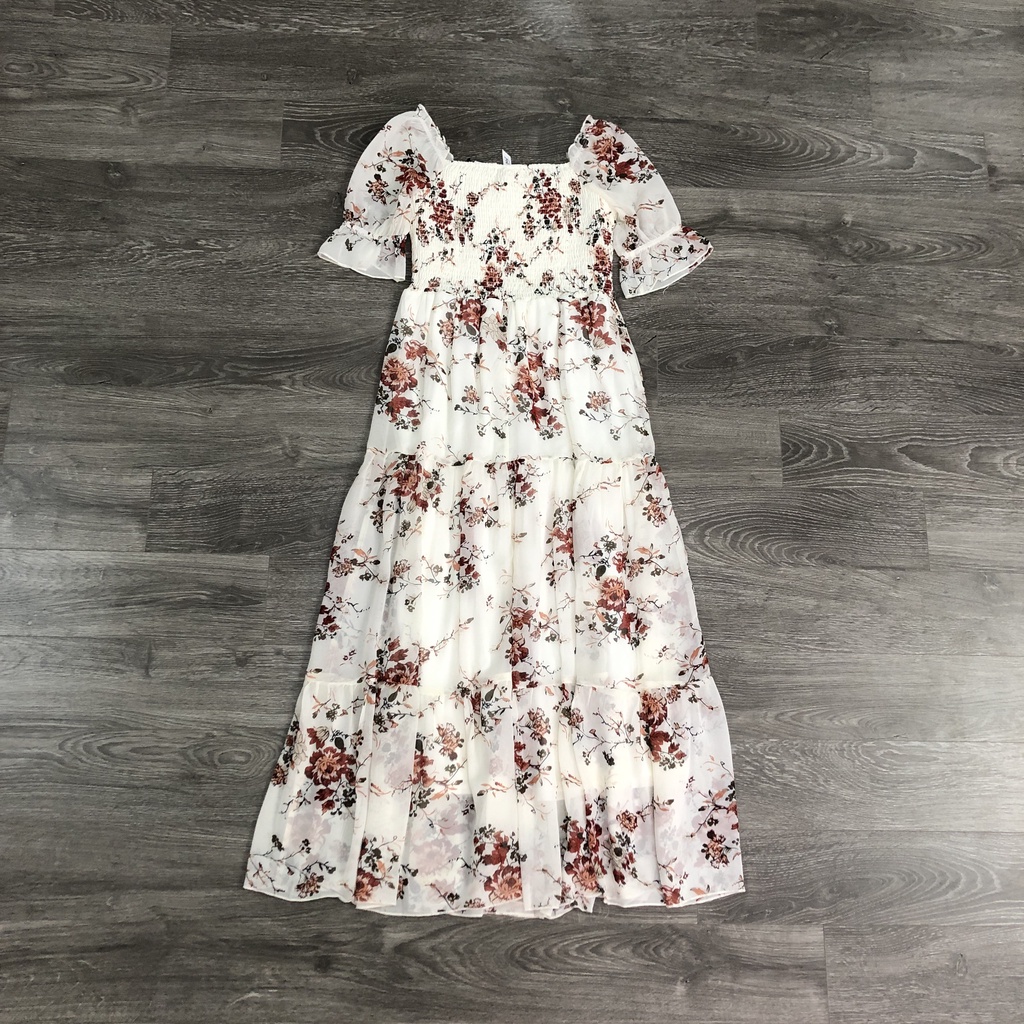 Đầm NY collection smocking cổ vuông babydol trắng hoa