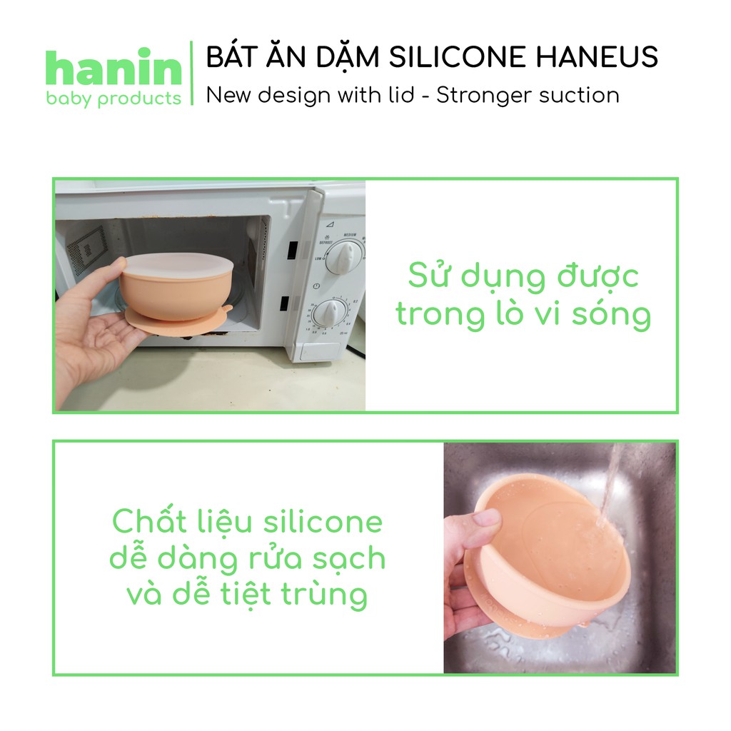 Bát ăn dặm Silicon chống đổ đế hút chân không Haneus - Thương hiệu Hanin Baby cho bé