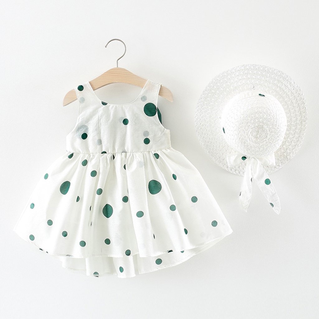 Đầm cho bé gái kèm mũ, Váy cho bé gái 7-14kg (9-24 tháng) chất cotton mềm dáng xòe họa tiết chấm bi xinh xắn_19039763