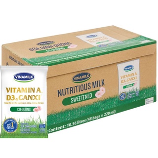 Thùng 48 bịch sữa tươi Vinamilk có đường x220ml ( chỉ nhận đơn Hỏa tốc Grap,shopee,...)