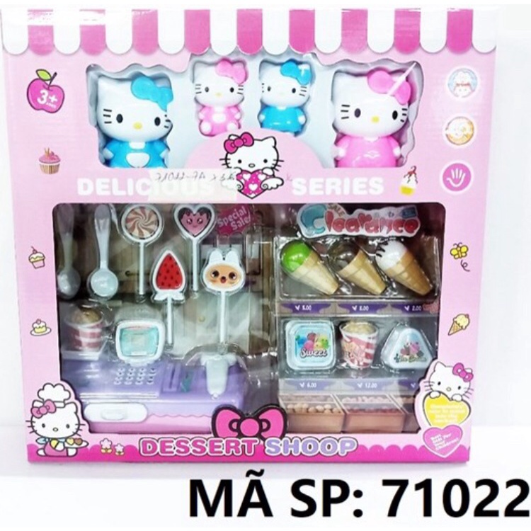 Hộp đồ chơi máy tính tiền nước,giỏ hàng,các loại bánh cake và 4 mèo hello kitty
