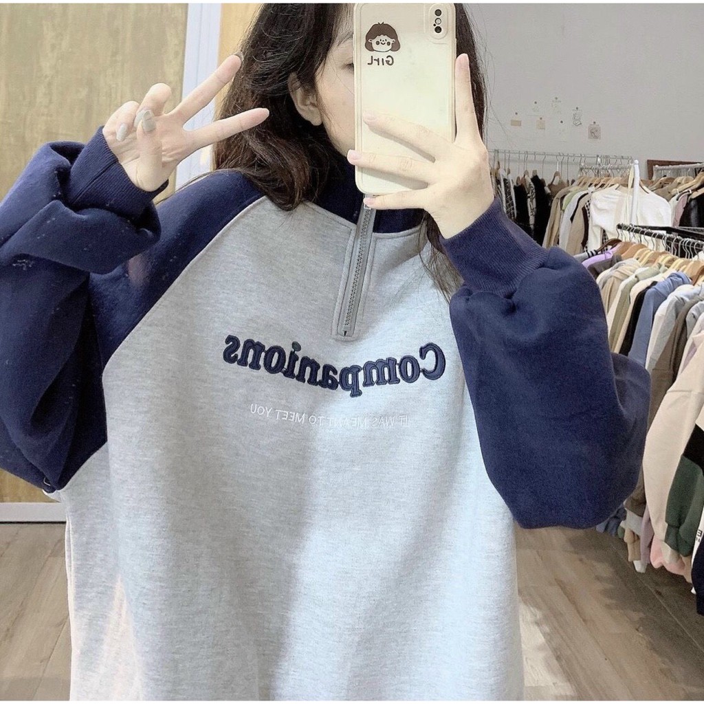 Áo Nỉ PoLo Khoá Cổ Áo Nỉ Nữ Sweater Phối Tay Bồng Cao Cổ Unisex Form Rộng Cá Tính Ulzzang | BigBuy360 - bigbuy360.vn