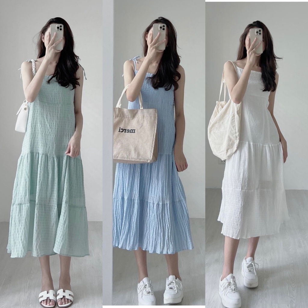 ĐẦM MAXI TẦNG XỐP CỘT NƠ VAI